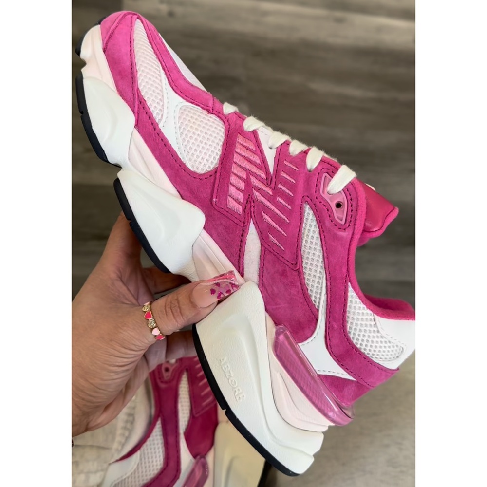 . New Balance Womens Fuschia Pink/White Suede 9060 Sneakers - Picture 3 of 15